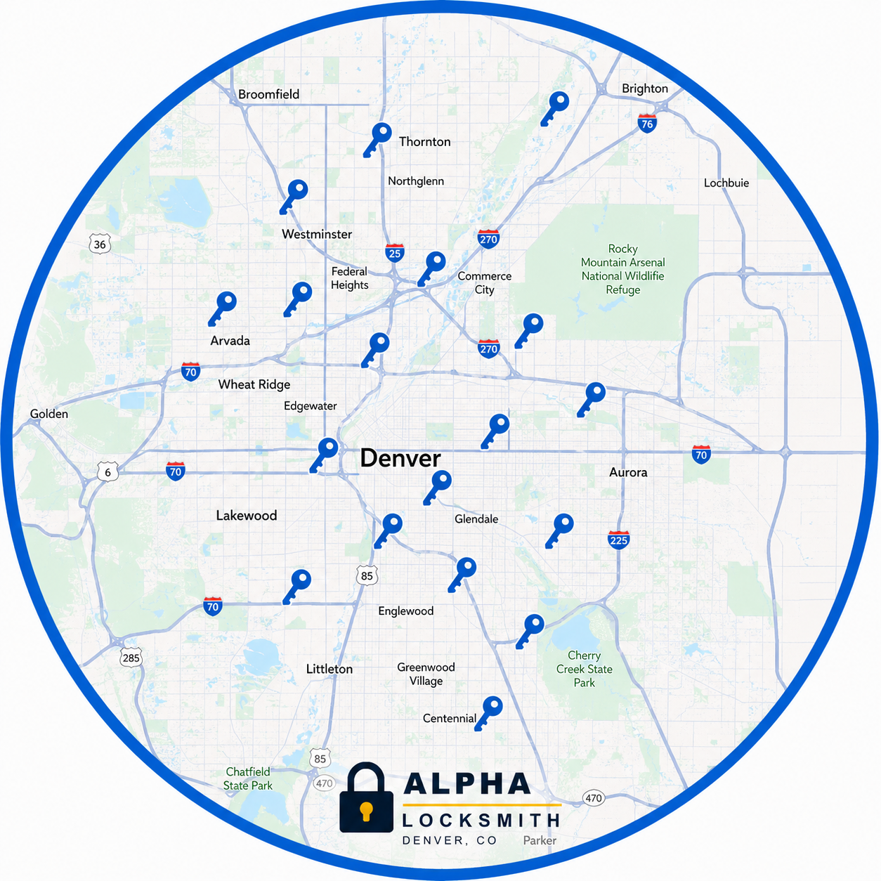 Alpha Locksmith Denver service area map